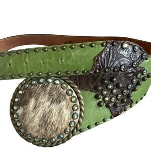 Women’s Arohoe Leather Cow Hide Swarovski Crystal Green Western Belt